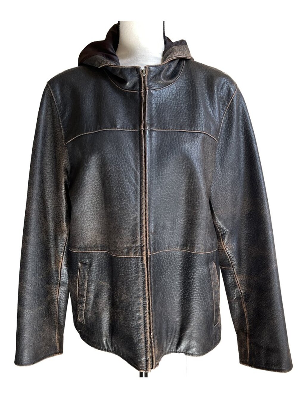 Vintage 90s THE TERRITORY AHEAD Hooded Leather Jacket Distressed Brown Women’s L